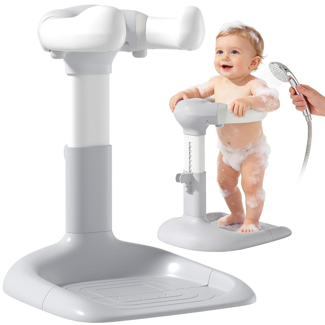 Upgraded Baby Shower Stand with Anti-Pinch Silicone & Anti-Slip Base, Adjustable Height Baby Bath Standing Support, Soporte para Baera de Beb Assist Holder for 6-36 Months Toddler, Ideal Gift, Gray