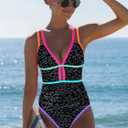 popvil Women One Piece Swimsuit 2026 Tummy Control Sexy Cutout Neon Color Block Bathing Suit Slimming Adjustable Swimwear (Black, L)
