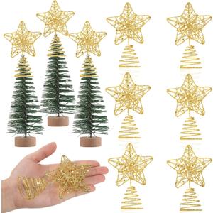 Hiboom 6 Pieces Mini Christmas Tree Star Toppers Glittered Xmas Tree Topper 4 Inch Hollow Star Treetop for Indoor Party Decoration Ornaments(Gold)