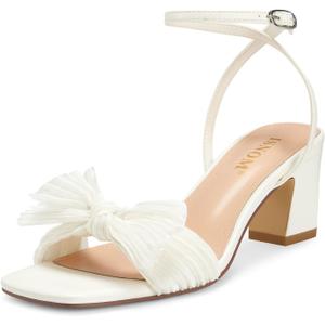 ISNOM Women's Bow Knot Heeled Sandals Ankle Buckle Strap Open Toe Block Chunky Heels Bride Wedding Party Fashion Heel (6.5, White)