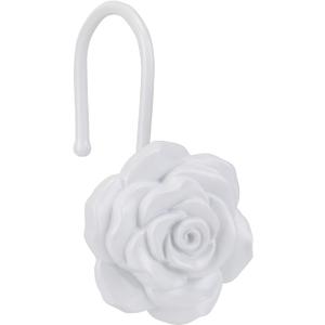 Metal Rose Shower Curtain Hooks, Rust-Resistant Hooks for Shower Curtain Rods, Set of 12, Beautiful Floral Rose Design Bathroom Decoration Hooks (White)