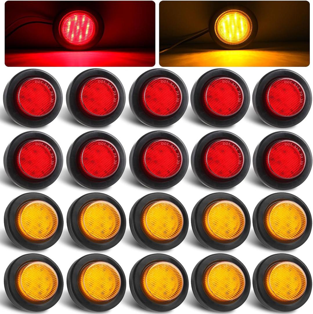 Partswcgg 20Pcs 2" Inch Round Led Trailer Marker Lights 9LED, 10 Amber+10 Red 2" Red Round 9LED LED Indicator Side Clearance Lights Markers Flush Mount w/2 Prong Plug Grommet Pigtails IP67 Waterproof