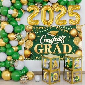 KatchOn, Green and Gold Graduation Decorations Class of 2025 - Huge, Pack of 76 | Congrats Grad Banner and Grad Balloon Boxes | 2025 Grad Balloons for 2025 Graduation Party Decorations