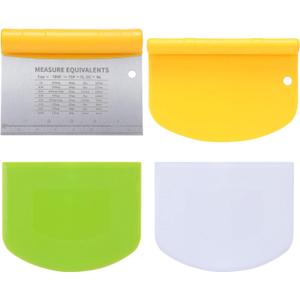 Suanyok Bench Scraper-Stainless Steel Dough Scraper and Flexible Plastic Bowl Scraper 4-Piece Set-Bread/Pastry/Pizza Cutter, Multifunctional 2-in-1 Baking Tools With Measurement Marks