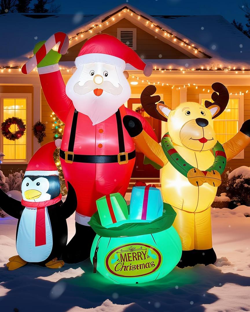 7FT Christmas Inflatables Outdoor Decorations, Blow Up Yard Decorations with Santa Claus Penguins Reindeer and Gift Bag Inflatable with LED Lights for Indoor Outdoor Yard Garden Decor