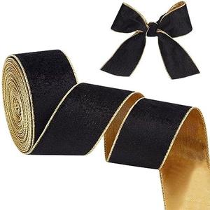 OLYCRAFT 10 Yards Velvet Wired Ribbon 2.5 Inch Black Gold Soft Velvet Ribbon Wired Black Flat Cotton Ribbons with Gold Backing for Gift Wrapping DIY Crafts Bouquet Decorations