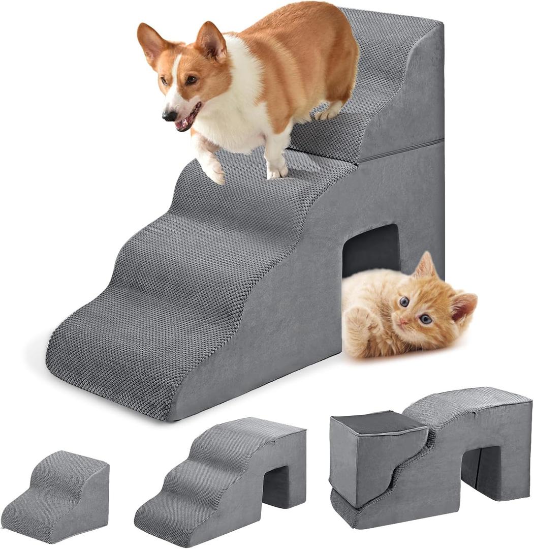 Dog Stairs for Small Dogs 15" H, Dog Ramp for High Beds, Non-Slip Pet Steps with Cave for Cats, Extra Wide Balanced Dog Ramp for Couch - 5 Steps Detachable Into 3 Steps Grey (grey)