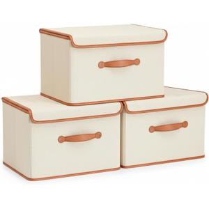Storage Box with Lid Decorative Foldable Lidded Organizer Bin with PU Leather Handle 3-Pack Fabric Storage Cubes Container for Closet Bedroom Kitchen Office Organization15*10 * 10 Inches