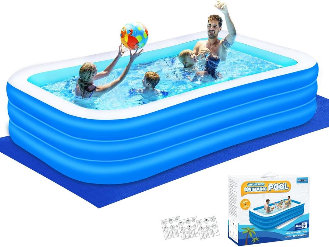 Nattork Inflatable Swimming Pool for Kids and Adults- 118" x 68" x 22" Family Full-Sized Blow Up Pools for kids -Thickened Durable Above Ground Swimming Pool Backyard Lawn, Indoor Outdoor Summer Party (118x68x22"-Blue&White)