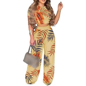 Mandonce 2 Piece Outfits for Women Crew Neck Short Sleeve Crop Tops Printed Wide Leg Long Pants Summer Matching Sets (X-Large)