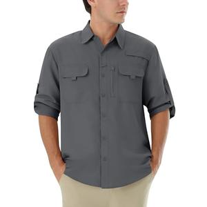 WULFUL Men's Sun Protection Fishing Shirts UPF 50+ UV Lightweight Quick Dry Cooling Button Down Shirts for Work Hiking Safari Shadow Grey M