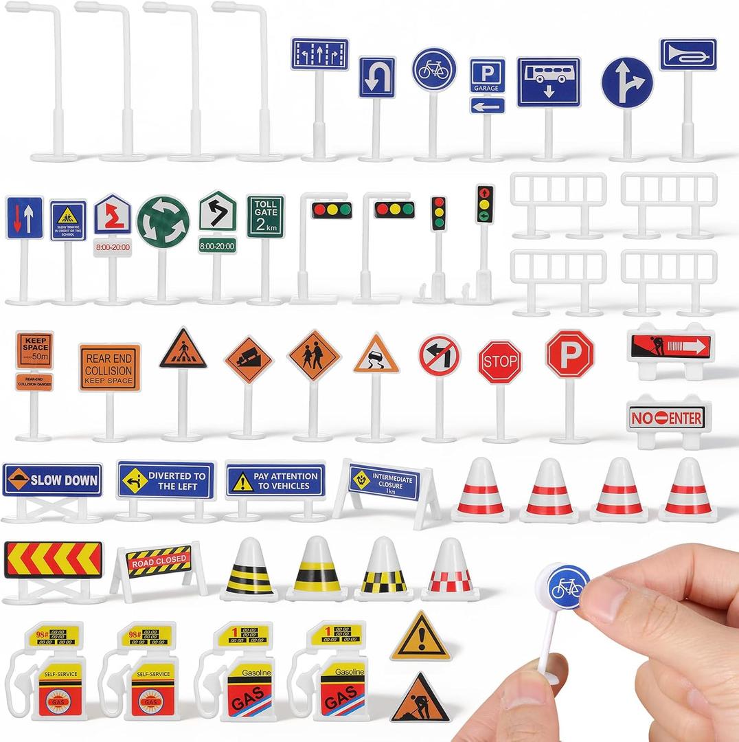 NUOBESTY 56Pcs Traffic Signs for Kids, Mini Road Signs and Traffic Light Toy Set, Educational Road Construction Toys for Train Table Accessories, Car Garage Playing, Learning