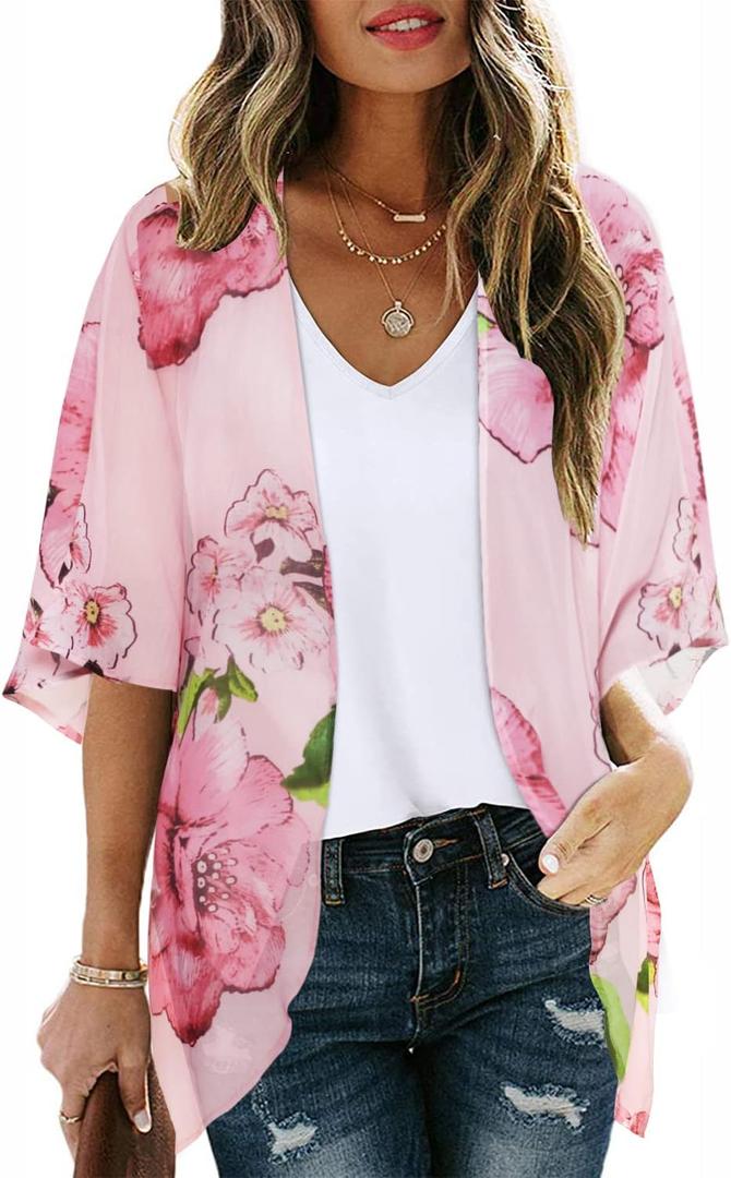 CHICGAL Womens Floral Kimono Cardigan Beach Cover Up Casual Summer Tops | 2026 Puff Sleeve Open Front Chiffon Outfit,Hawaiian Shirt,Beach Vacation Swimwear, Plus Top,Boho ladies Blouse,Cruise Resort (Pink, S)
