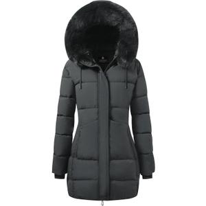 ASPO Women's Winter Warm Coats Waterproof Thick Fleece Lined Down Puffer Jacket 5 Pockets Long Parka Faux Fur Detachable Hood Dark Grey S 