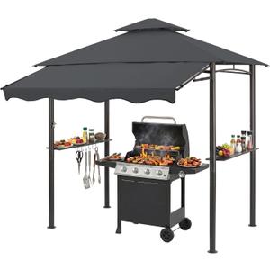CHARMELEON 8x8 FT Grill Gazebo, Grill Canopy with Big Awning&2 Side Shelves&6 Hooks&Bottle Opener, Powder-Coated Steel BBQ Shelter for Patio Backyard Outdoor Grilling-Dark Gray