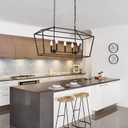Lucidce 7-Light Farmhouse Lantern Island Chandelier, Black and Gold Rectangular Kitchen Island Light Fixture, Modern Dining Room Hanging Ceiling Light Over Table, E12 Candle Base