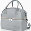 BALORAY Lunch Bag for Women Men, Double Deck Lunch Box for Adults Teens, PU Leather Lunch Tote Bag Insulated Lunch Bags with Strap for Work Office School (Gray)