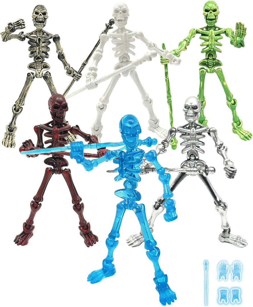 T13 Skeleton Action Figures - 6 Pack Glow in The Dark, DIY Assembly Required, Multi-Jointed Posable Bones, Unfinished Skull Kit for Halloween Party Favors, Goth Desktop Decor, Gift for Kids & Adults
