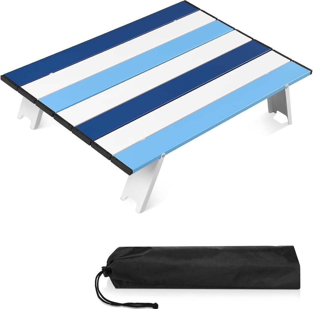 CroBlissful Beach Table Folding Camping Portable Table Striped White Aluminum Side with Carry Bag for Camping Picnics and Outdoor Activities(22x16x5 in,Navy Blue)