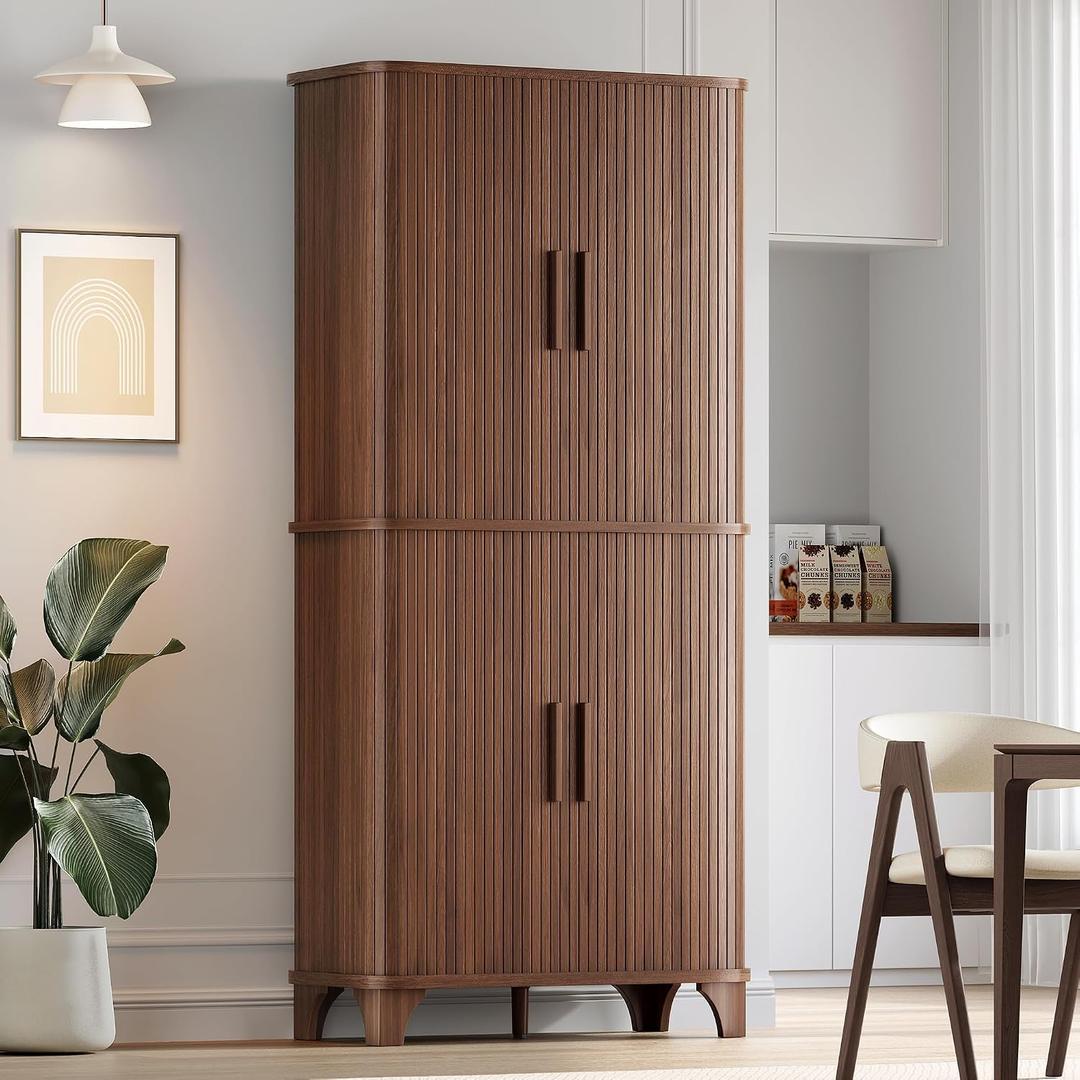 Decofy 69" Tall Kitchen Pantry Storage Cabinet with Sliding Door, Modern Curved Edge Pantry Storage Cabinet with 5 Shelves, Cupboard for the Kitchen, Dining Room, Bedroom, Living Room, Office (Walnut), 15.7" W x 69" H x 31.49" D