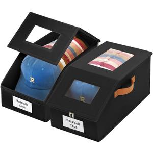 2 Pcs Extra Large Hat Organizer & Storage Box for Baseball Cap with Dual Clear Windows Dust-Proof Double Zipper, Stackable Design & Sturdy Handles for Closet, Black