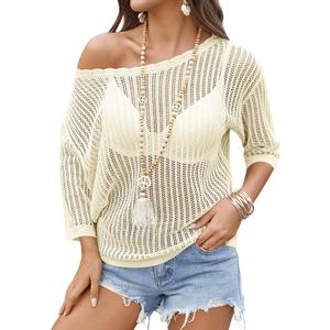 Zeagoo Womens Summer Tops Crochet Sweaters Resort Wear 3/4 Sleeve Hollow Out Knit Tops 2026 Beach Coverup, XL
