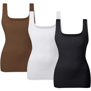 EUYZOU Women's Tummy Control Shapewear Tank Tops Seamless Square Neck Compression Tops Slimming Body Shaper Camisole (Large, Black/White/Coffee 3Pcs)