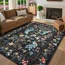 GarveeHome 5x7 Area Rug Floral Peacock Black Washable Rugs for Living Room Bedroom, Soft Low Pile Non Slip Accent Floor Mat Animal Print Throw Rug Indoor Carpet Dining Room Playroom
