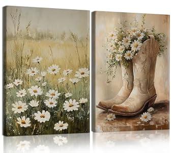 2 Pcs Vintage Country Daisy Canvas Wall Art Western Cowgirl Boots Wall Decor Paintings Farmhouse Floral Posters Print Wildflower Artwork Pictures for Living Room Bedroom Kitchen Home Decor 16×24 Inch