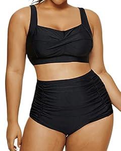 Daci Women Black High Waisted Twist Front Plus Size Bikini Vintage RetroTwo Piece Swimsuits Bathing Suits Ruched Swimwear 24 Plus