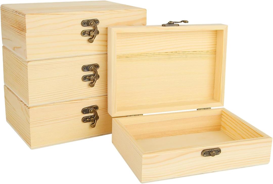 Acrux7 4 Pack Unfinished Wood Boxes, 7.2 Inch Unpainted Wooden Box with Hinged Lid, Small Plain Pine Wood Storage Boxes for Crafts, DIY, Jewelry, Keepsake (7.2x5x2.5 Inch) Acrux7 4 Pack Unfinished Wood Boxes, 7.2 Inch Unpainted Wooden Box with Hinged Lid, Small Plain Pine Wood Storage Boxes for Crafts, DIY, Jewelry, Keepsake (7.2x5x2.5 Inch)
