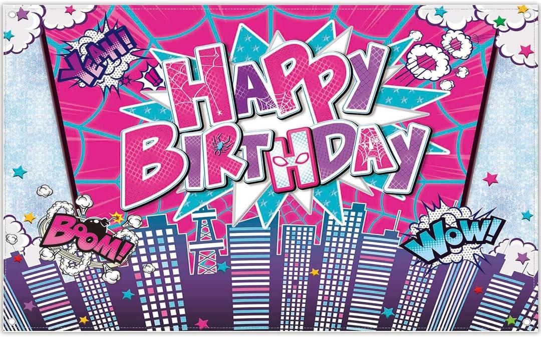 72x43inch Fabric Spider Superhero Happy Birthday Backdrop Pink for Girl Women Comics City Photography Background Party Decorations Cityscape Photo Banner Props