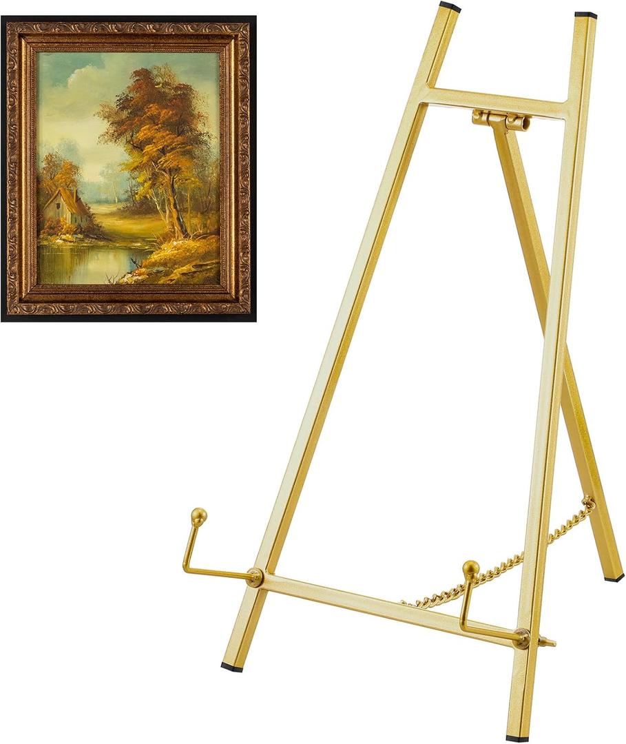 Leinuosen Metal Easel Stand 16.5" H x 8.7" W x 4.3" D Table Top Easel Stand for Display Tripod Art Picture Mirror Modern Plate Holder for Display Book Photo Wedding Sign(Gold,1 Pcs)