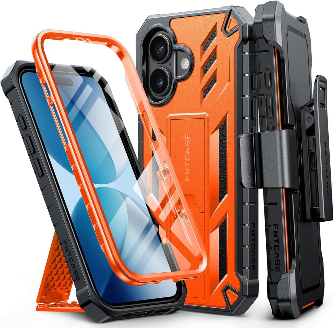 FNTCASE for iPhone 17 Phone Case: Military Grade Rugged Cell Phone Cover with Kickstand & Holster | Shockproof TPU Protection Bumper Matte Textured Design for Phone Cases 6.3 inch-Orange