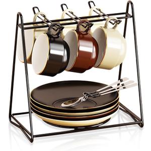 Tea Cups and Saucers Holder,Black Metal Coffee Cup Tea Cups Rack,Organizer for Coffee Cup Spoon and Saucers