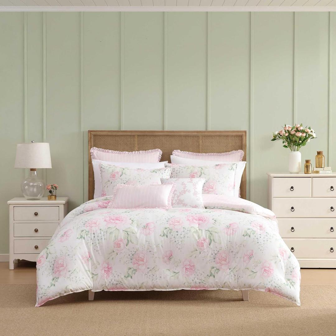 Laura Ashley - Queen Bonus Comforter Set, Reversible Bedding with a Soft Feel, 7 Piece Bed Set with Matching Pillowcases, Euro Shams, & Throw Pillow Covers (Serenity Roses/Mattie Stripe Pink)
