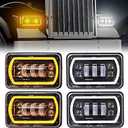 4Pcs 4x6 led headlights with White Yellow Halo Ring High Low Sealed Beam H4651 H6545 H4668 H4656 LED headlight Replacement Fit for Kenworth Semi Truck Peterbilt 379 Headlights