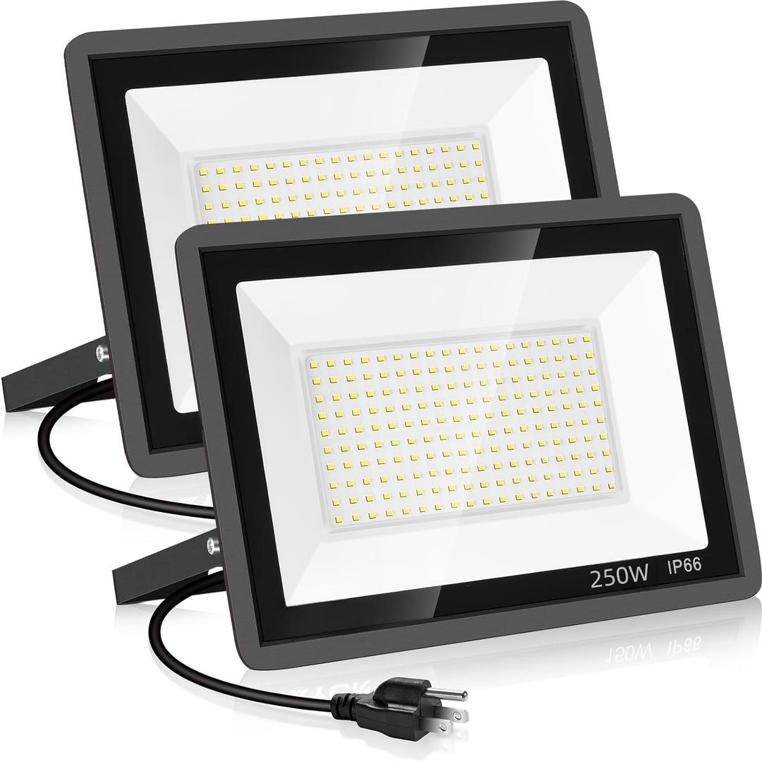 2 Pack 250W Led Flood Lights Outdoor,Super Bright 37000LM Security Lights with Plug,Exterior IP66 Waterproof 5000K Daylight White FloodLight for Basketball Court, Yard, Garden,Parking lot etc