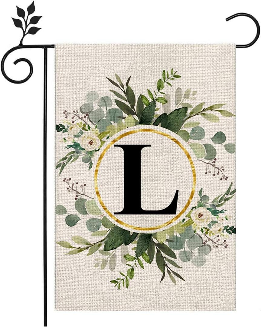2 x LUTER Monogram Letter L Garden Flag, 12x18 Inch Floral Garden Flag Garden Letter Flags Burlap Flag Family Last Name for Outside, Yard, Patios, Lawns, Gardens