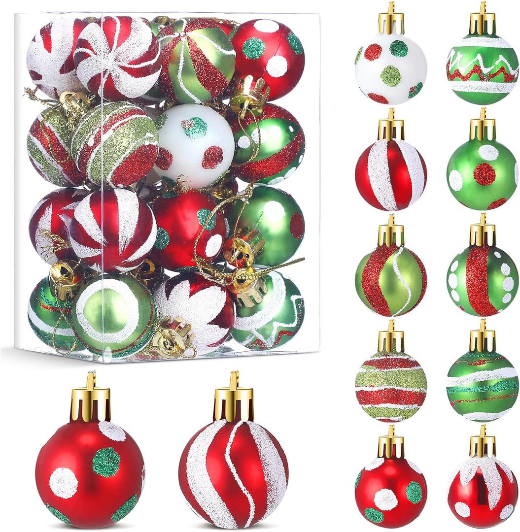 Civaner 48 Pcs Christmas Ball Ornaments 1.2 Inch Red and Green Small Bulbs Hanging Ornament Glittering Elf Xmas Tree Balls for Home Xmas Holiday Party Decorations, 12 Styles