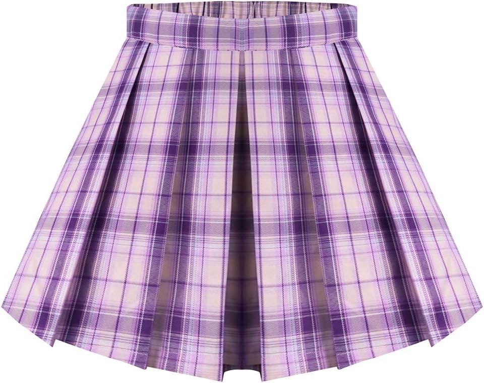 RITERA Plus Size Basic Versatile Stretchy Elastic Waist Flared Casual Mini Skater Skirt/Pleated Plaid Skirt for Women XL-5XL (Purple, XL)