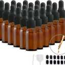 48 Pack 10 ml (1/3 oz) Glass Dropper Bottles for Essential Oil, Amber Round Glass Boston Bottle With Black Eye Dropper for Massage Oil, Empty Refillable for Travels