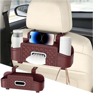 Car Backseat Organizer, 4-in-1 Multifunctional Vehicle Seat Back Tissue Box with Cup Holder & Hook, Auto Backseat Hanging Storage Box for Bag Phone Drink, Universal for Vehicles (Wine Red)
