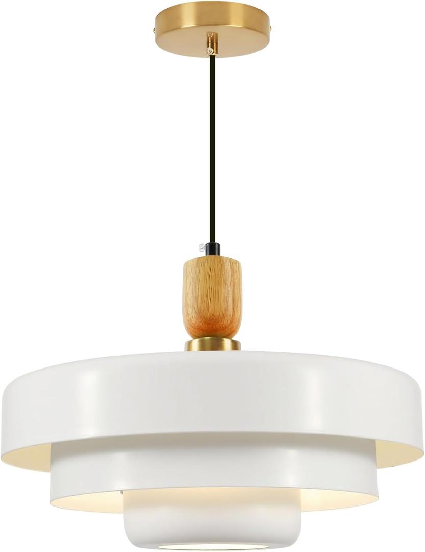 3-Layer White Metal Shade Pendant Light, Mid Century Adjustable Hanging Light with Wood Gold Canopy, E26 Ceiling Pendant Lamp for Kitchen Table Over Sink Bedroom, 13.8 Inch