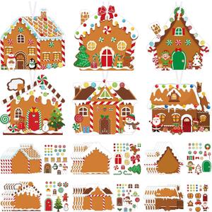 Pasimy 48 Pcs Christmas Crafts Kits for Kids Christmas Gingerbread House Crafts DIY Christmas Tree Ornament Kit Make Your Own Gingerbread House Craft Stickers for Holiday Xmas Classroom Party Favors