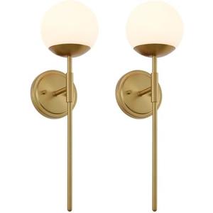 Aged Brass Wall Sconces Set of 2, Modern Bathroom Vanity Sconces Wall Lighting, Vanity Light Fixtures with Globe Opal Glass, Wall lamp for Bathroom Bedroom Living Room Corridor Mirror Stairs Entryway