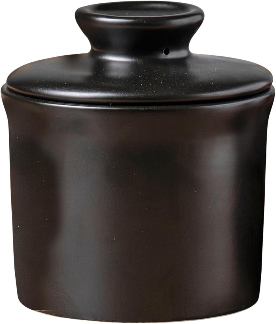 Stoneware Butter Crock with Lid, Ceramic Butter Dish with Water Line, Countertop Butter Keeper, Butter Holder for Countertop, Black