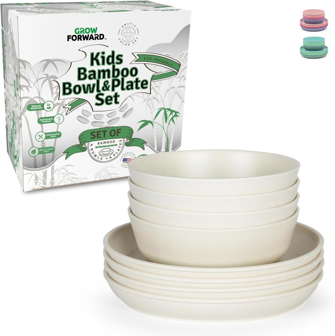 Grow Forward Bamboo Kids Plates and Bowls Sets - 8-Piece Dishwasher Safe Non Toxic Plates for Kids - Reusable Eco Friendly BPA Free Dishes Dinnerware Sets for Children - Arctic