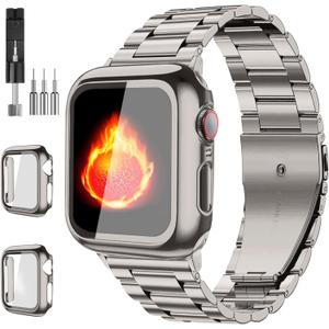 Compatible with Apple Watch Band 49mm 46mm 44mm 45mm 42mm 40mm 38mm 41mm, Stainless Steel iWatch Bands with 2 Pack Tempered Glass Screen Case for Series 10/9 Ultra 2 8/7/6/5/4/3/2/1/SE for Men (Titanium Lightweight)