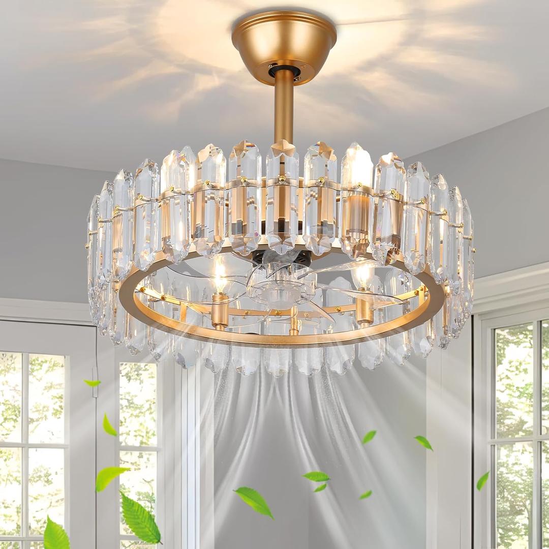 CLAIRDAI 20.7" Crystal Caged Ceiling Fan Gold Fandelier Ceiling Fan with Lights and 6 Speed Retractable (6*E12,Bulbs not Included)